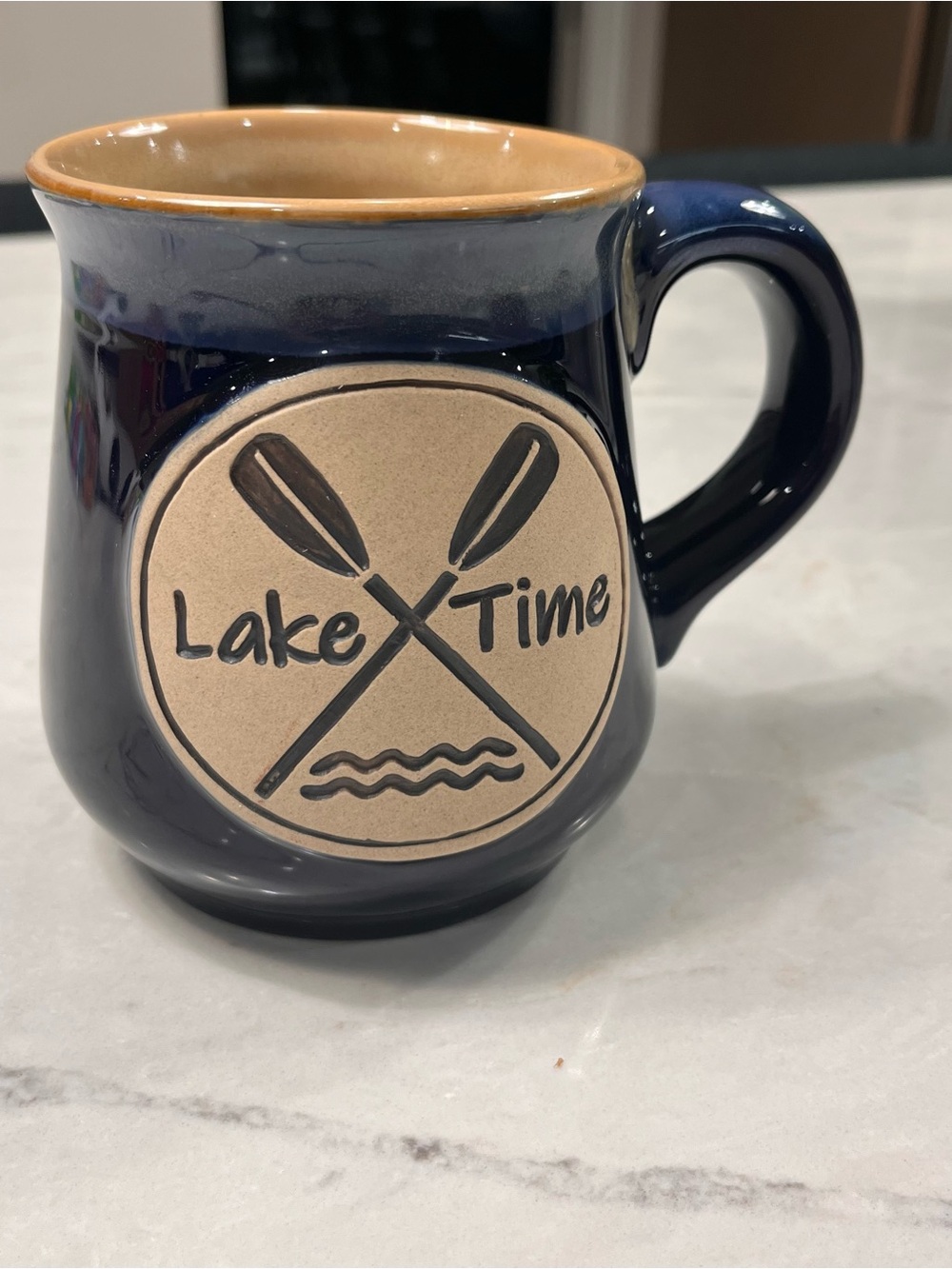 Lake Time Ceramic Coffee Mug - Navy Exterior with Tan Interior